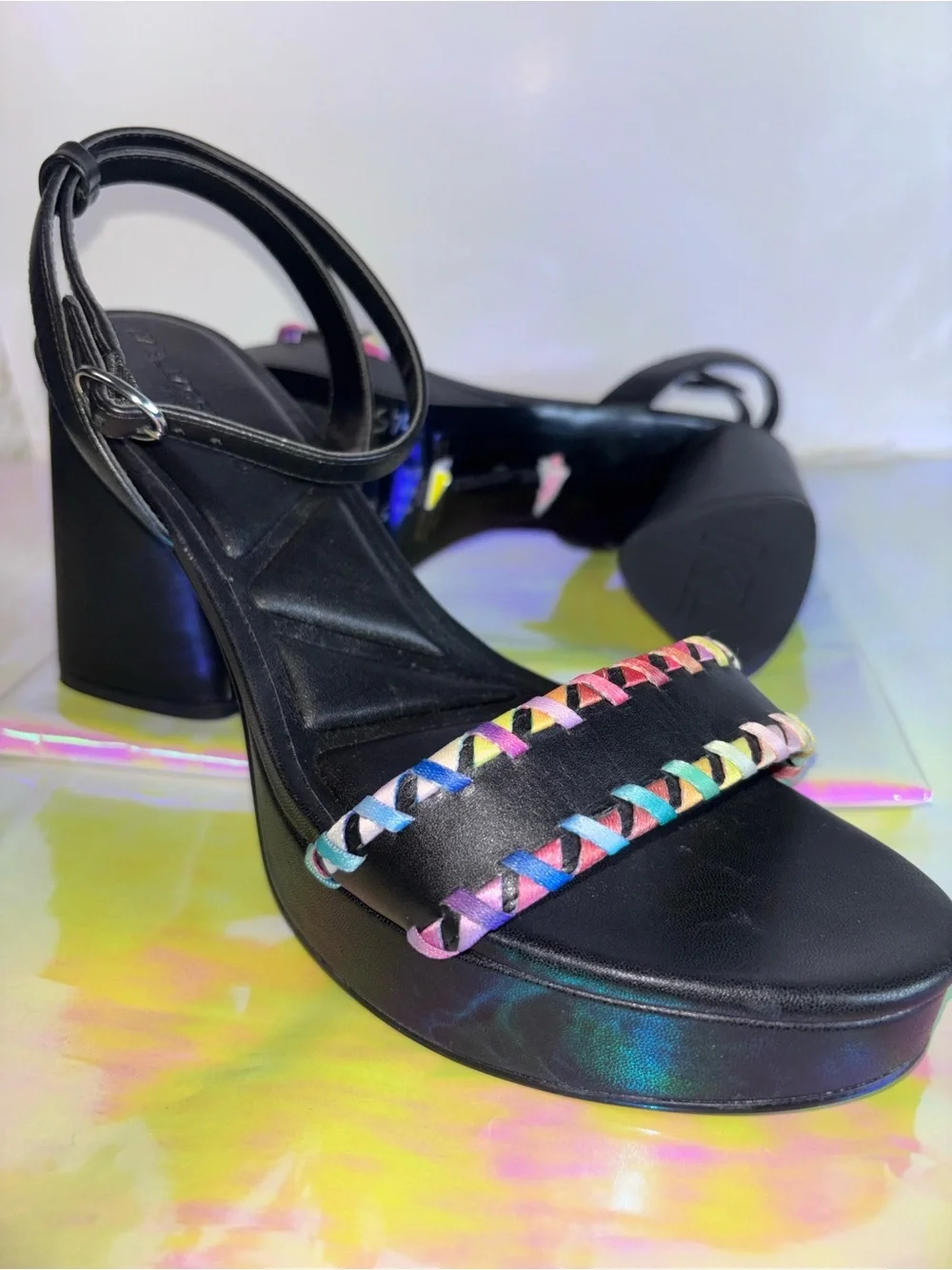 Karl Lagerfeld Black Leather Sandal with Rainbow Braided Trim NWOT 6.5 & 9